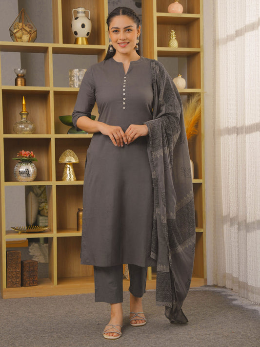 Cotton Voile Block Print Grey Dupatta