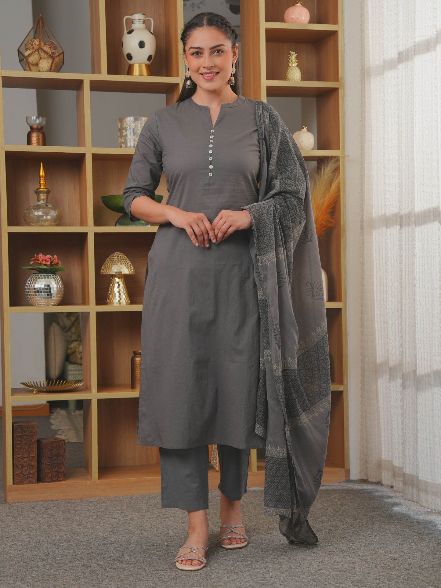 Soft Cotton Solid Straight Grey Kurta