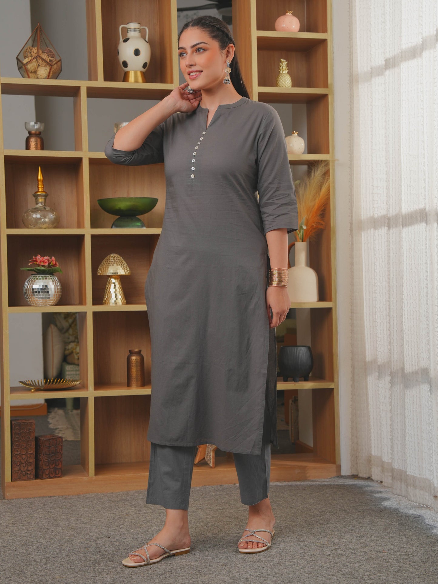 Soft Cotton Solid Straight Grey Kurta