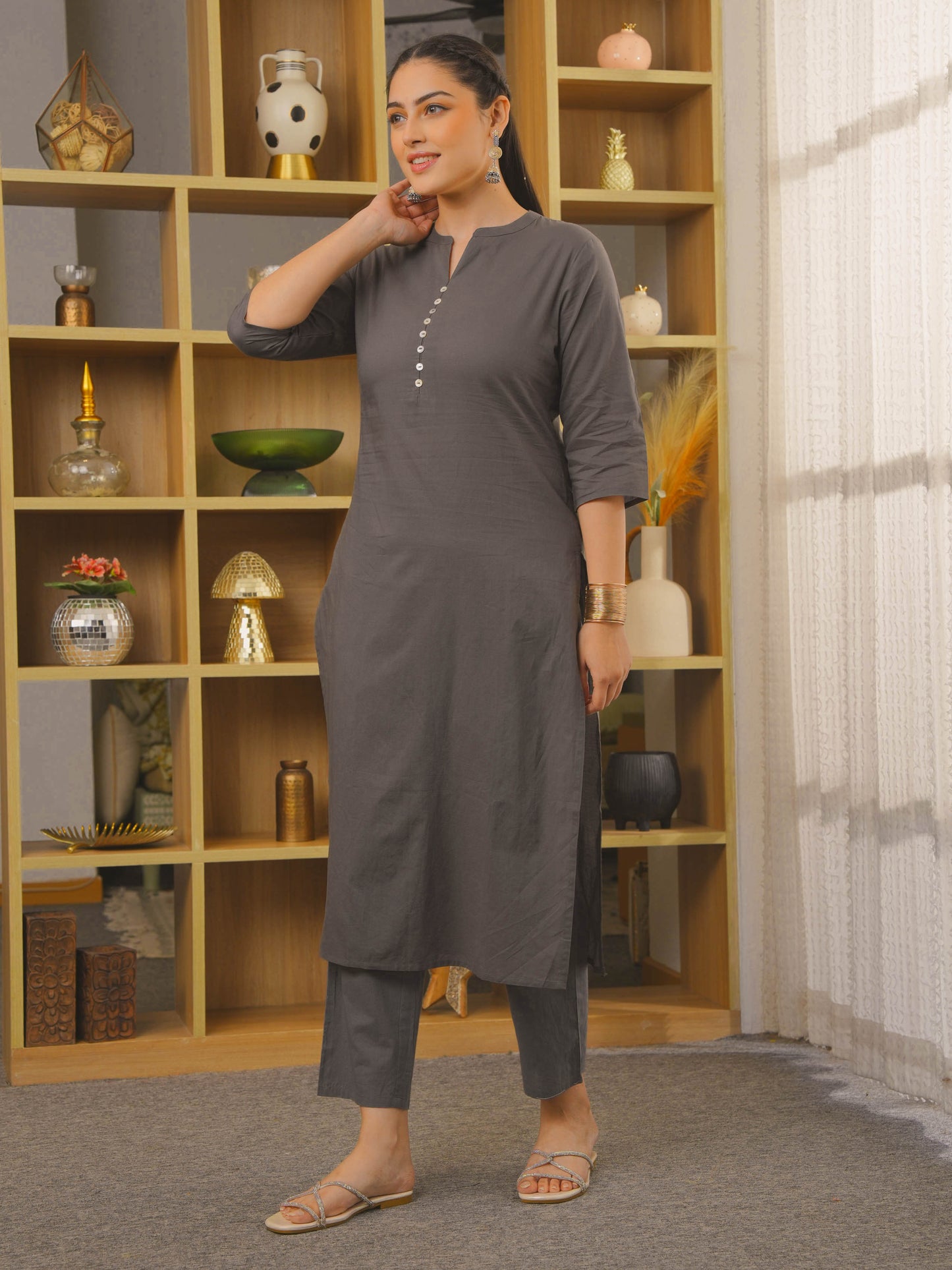 Soft Cotton Solid Straight Grey Kurta