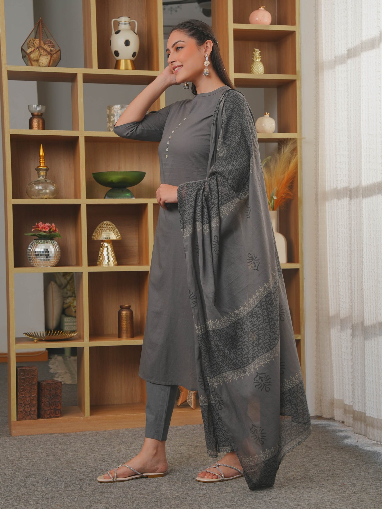 Soft Cotton Solid Straight Grey Kurta