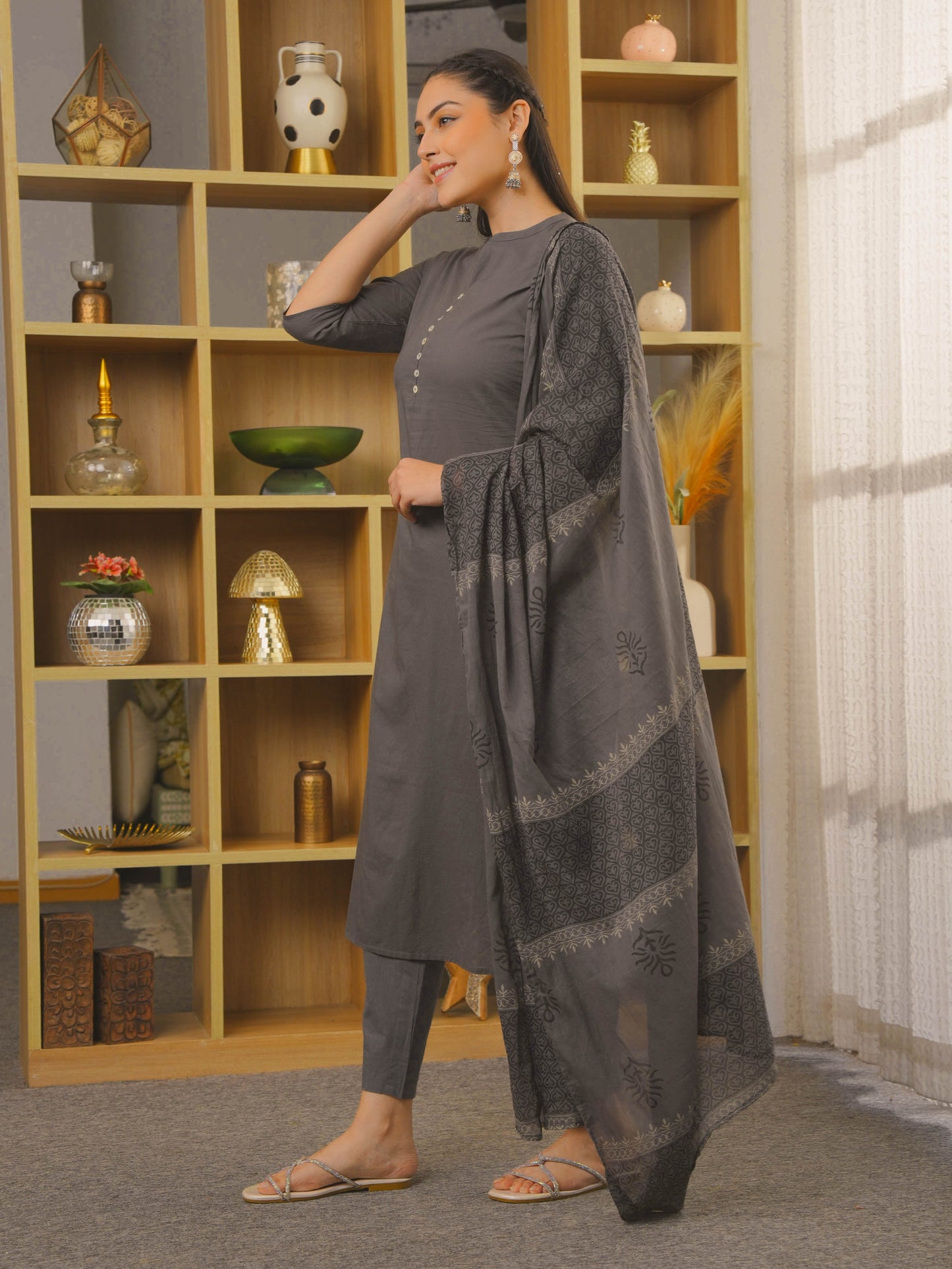 Soft Cotton Solid Straight Grey Kurta