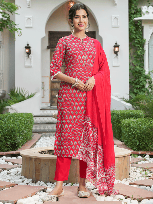 Voile Cotton Hand-Block Red Dupatta
