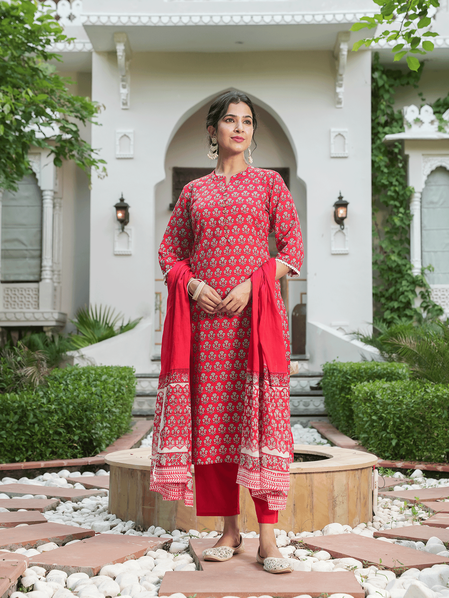 Voile Cotton Hand-Block Red Dupatta