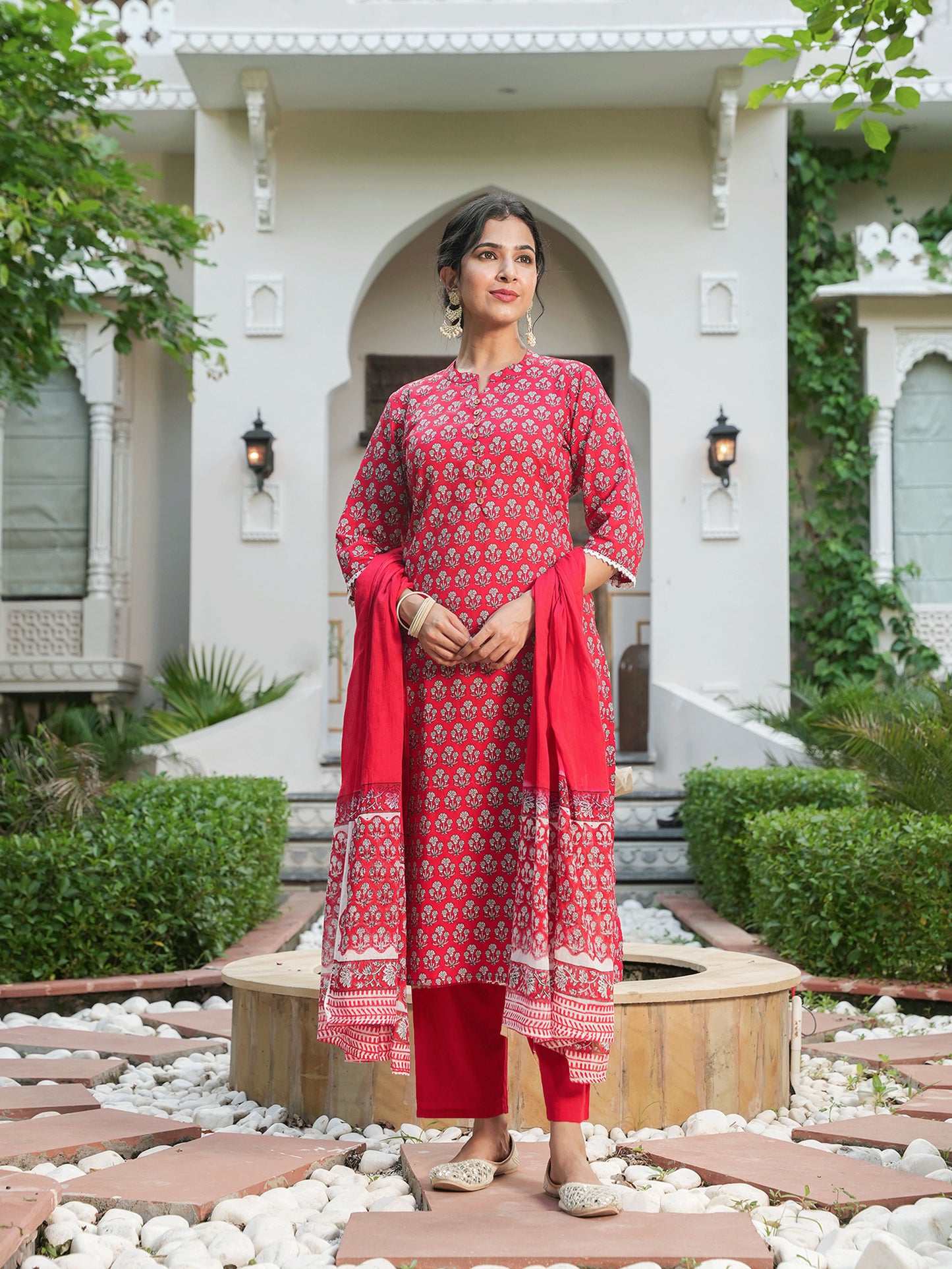 Soft Cotton Floral Straight Red Kurta