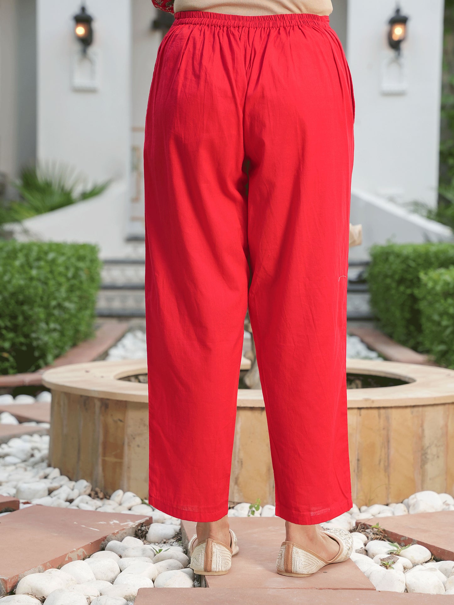 Soft Cotton Solid Red Tapered Trousers