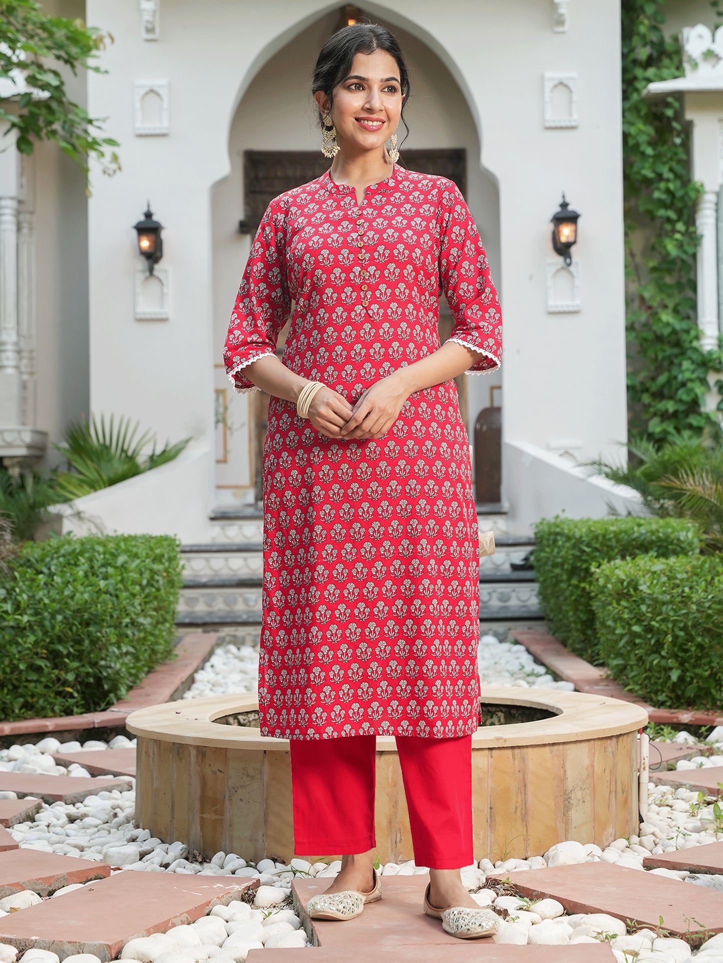 Soft Cotton Floral Straight Red Kurta
