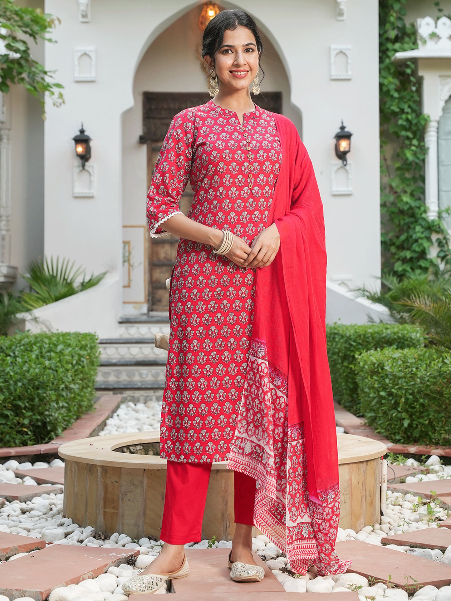Soft Cotton Floral Straight Red Kurta