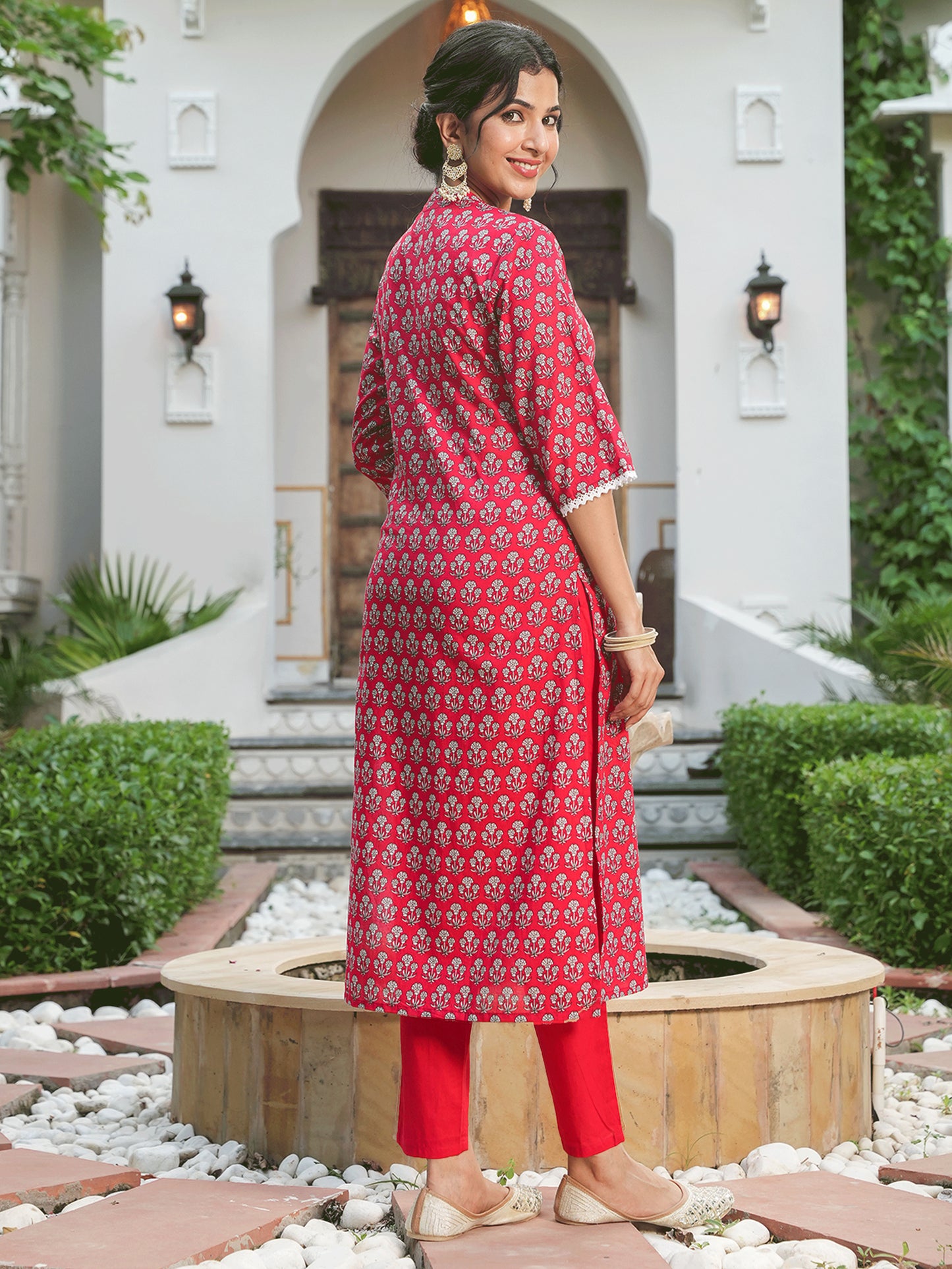 Soft Cotton Floral Straight Red Kurta