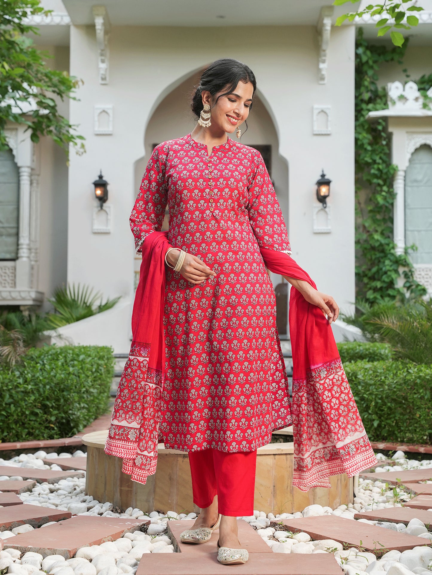 Soft Cotton Floral Straight Red Kurta