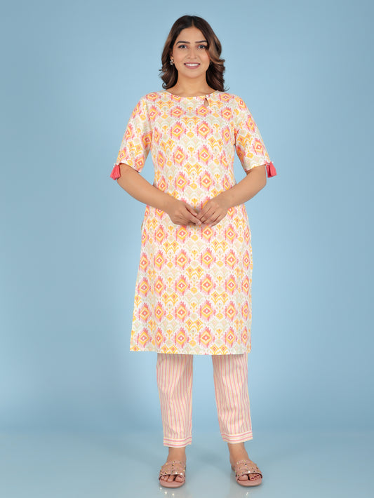 Soft Cotton Ikat Straight Pink Kurta