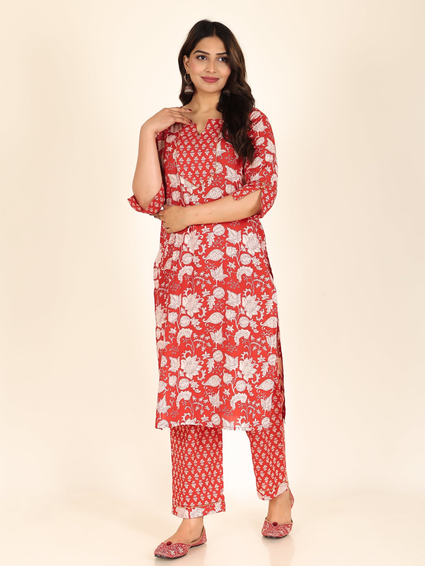 Soft Cotton Floral Straight Red Kurta