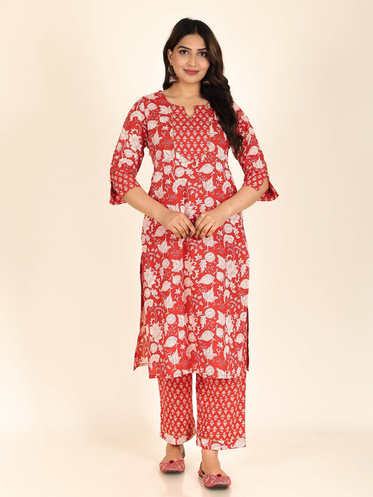 Soft Cotton Floral Straight Red Kurta