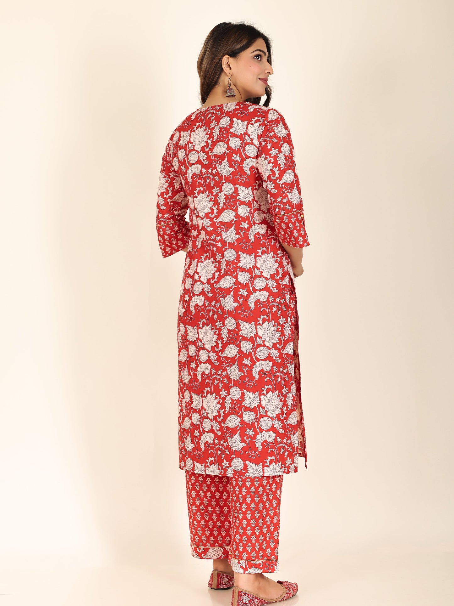 Soft Cotton Floral Straight Red Kurta