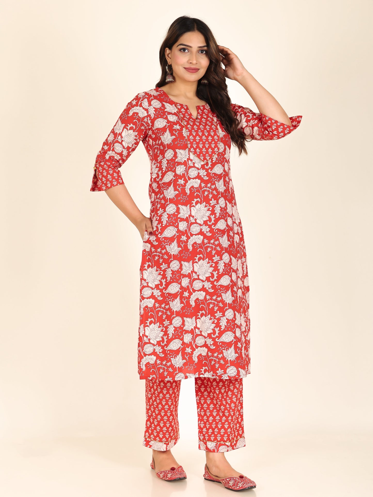 Soft Cotton Floral Straight Red Kurta