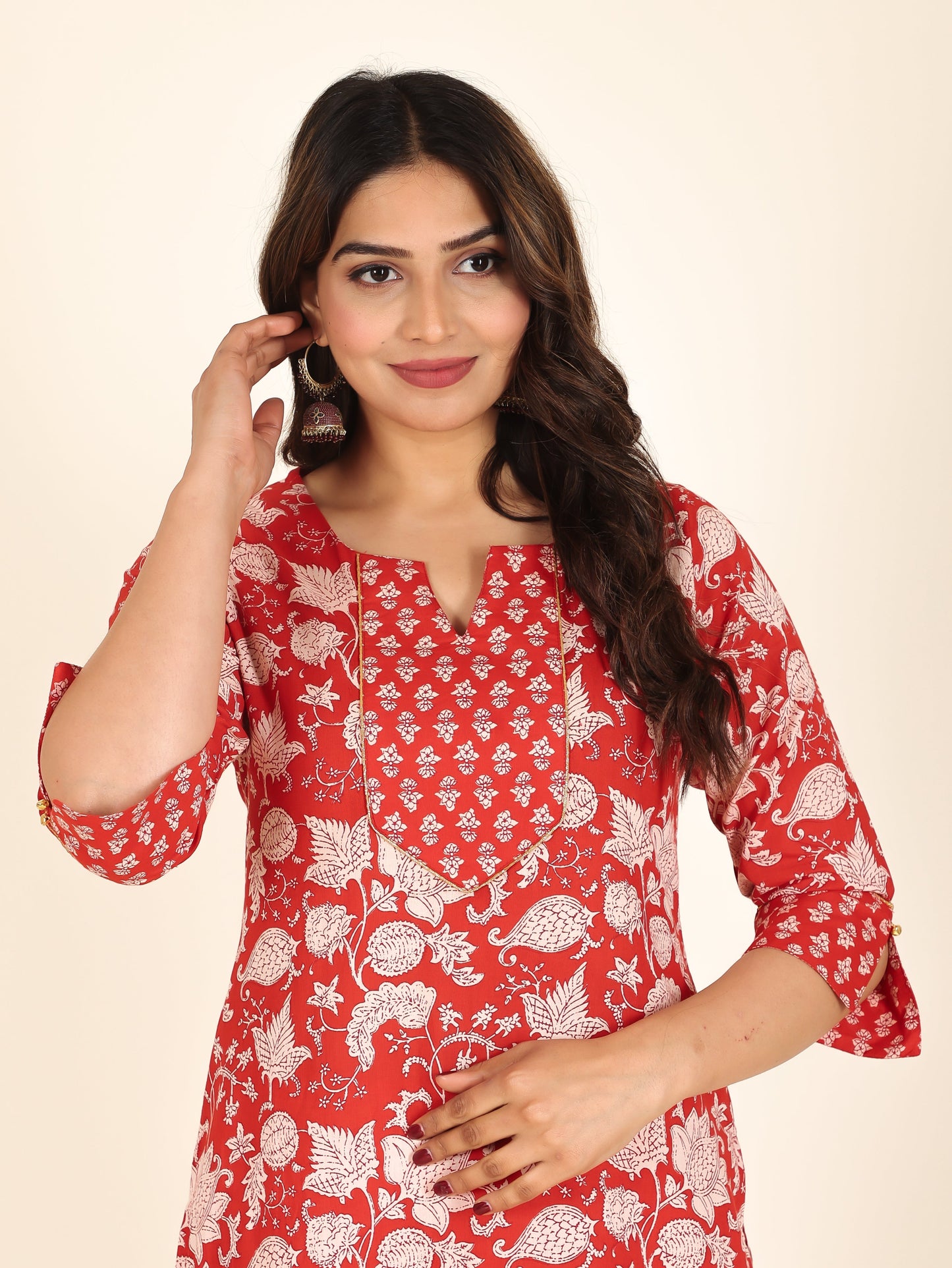 Soft Cotton Floral Straight Red Kurta