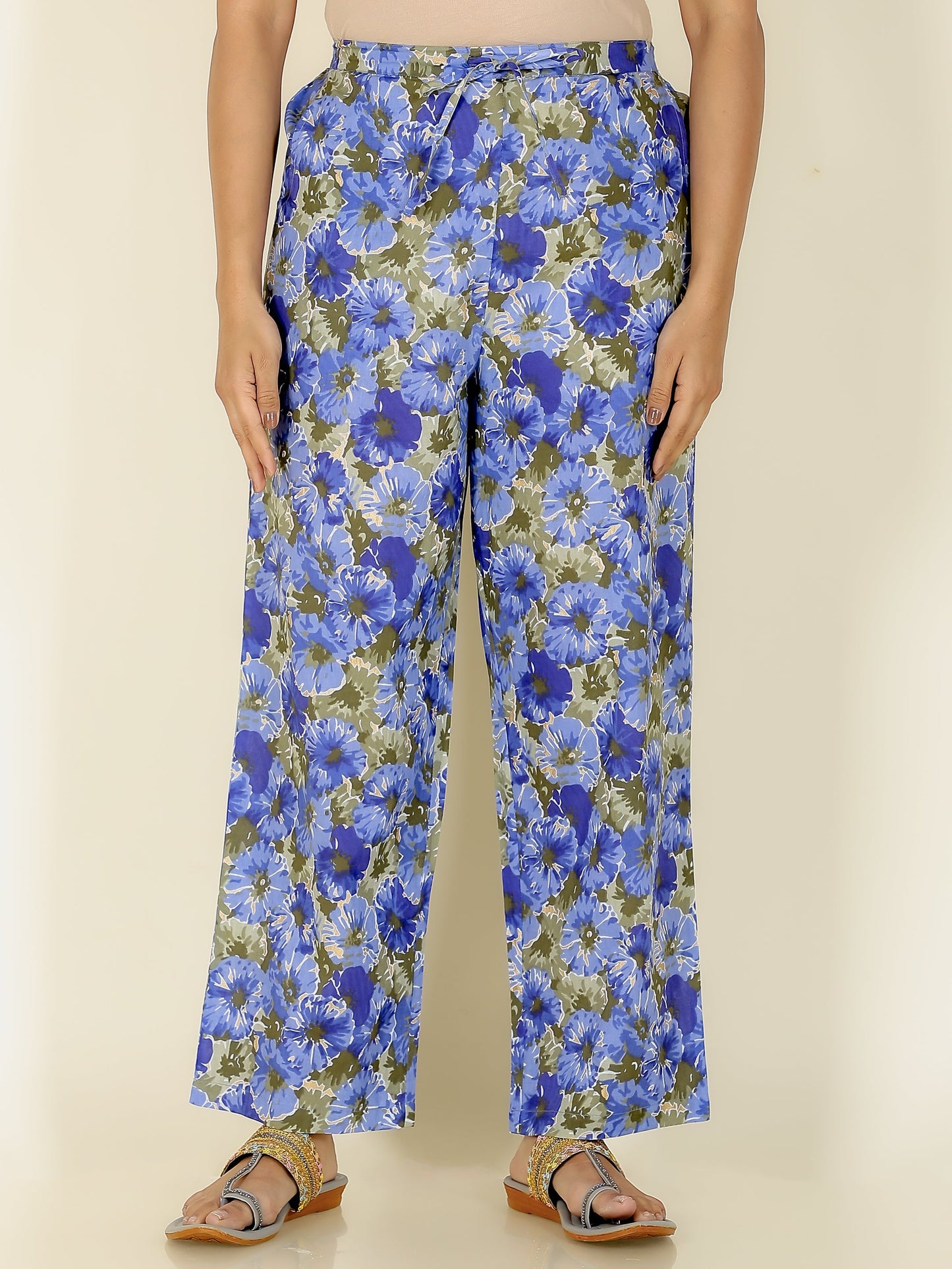 Soft Cotton Floral Blue Straight Trousers