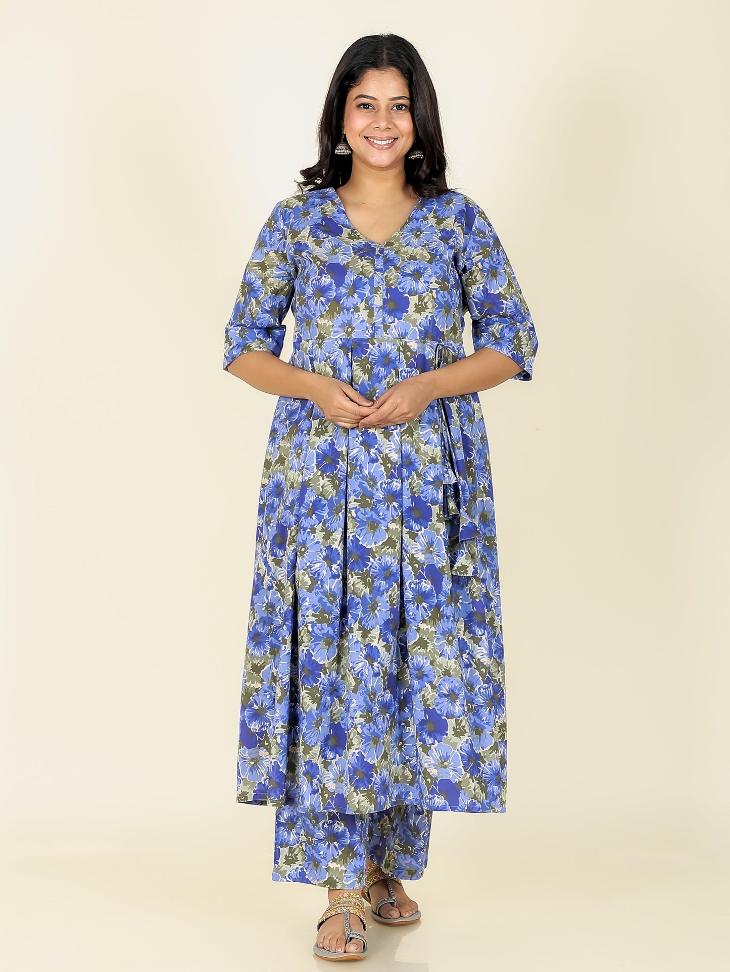 Soft Cotton Floral A-line Blue Kurta