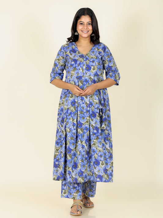 Soft Cotton Floral A-line Blue Kurta
