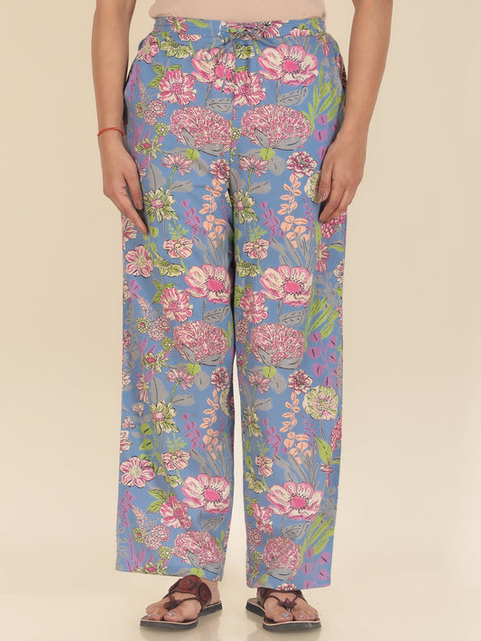 Soft Cotton Floral Blue Straight Trousers