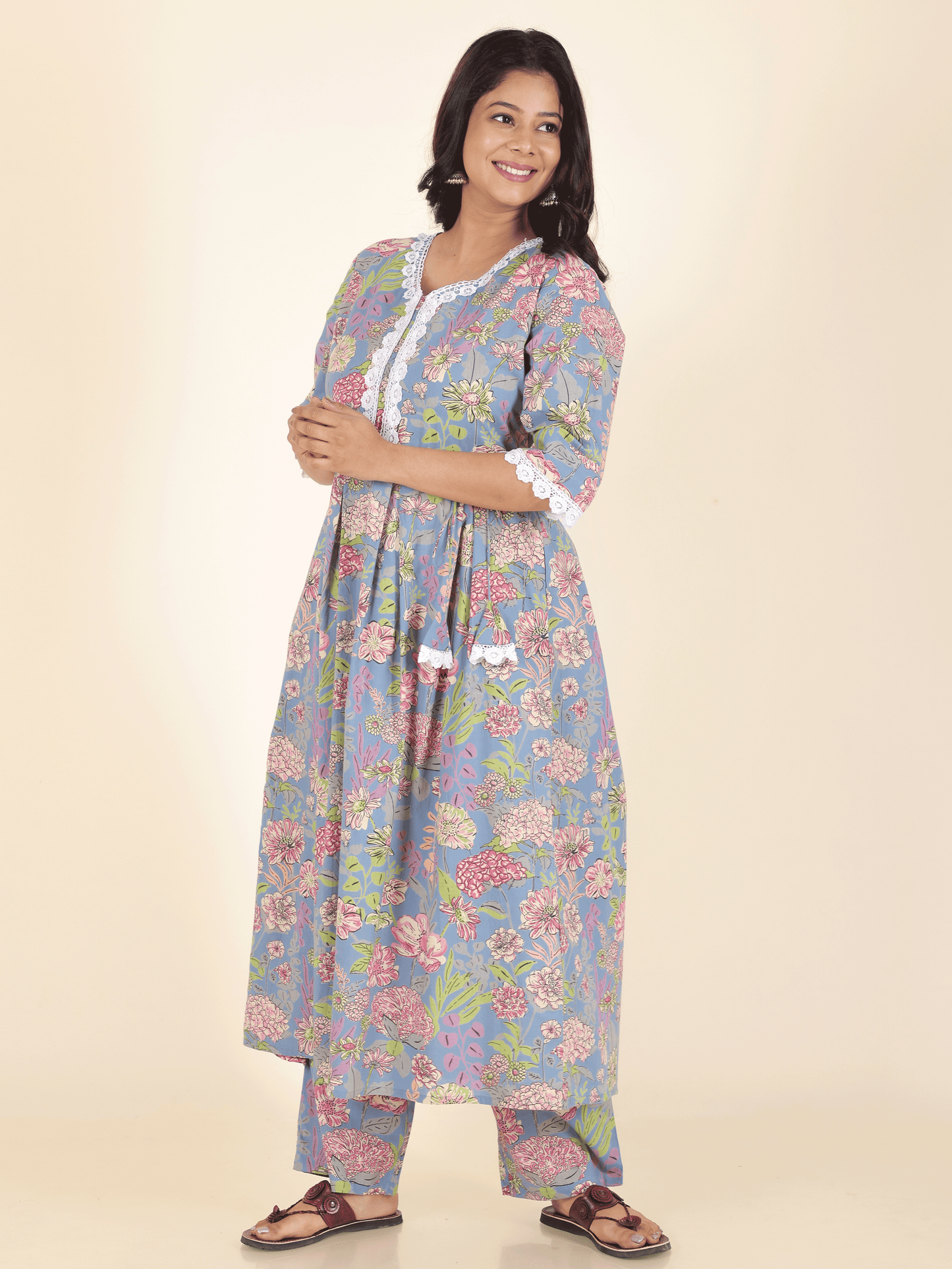 Soft Cotton Floral A-line Blue Kurta