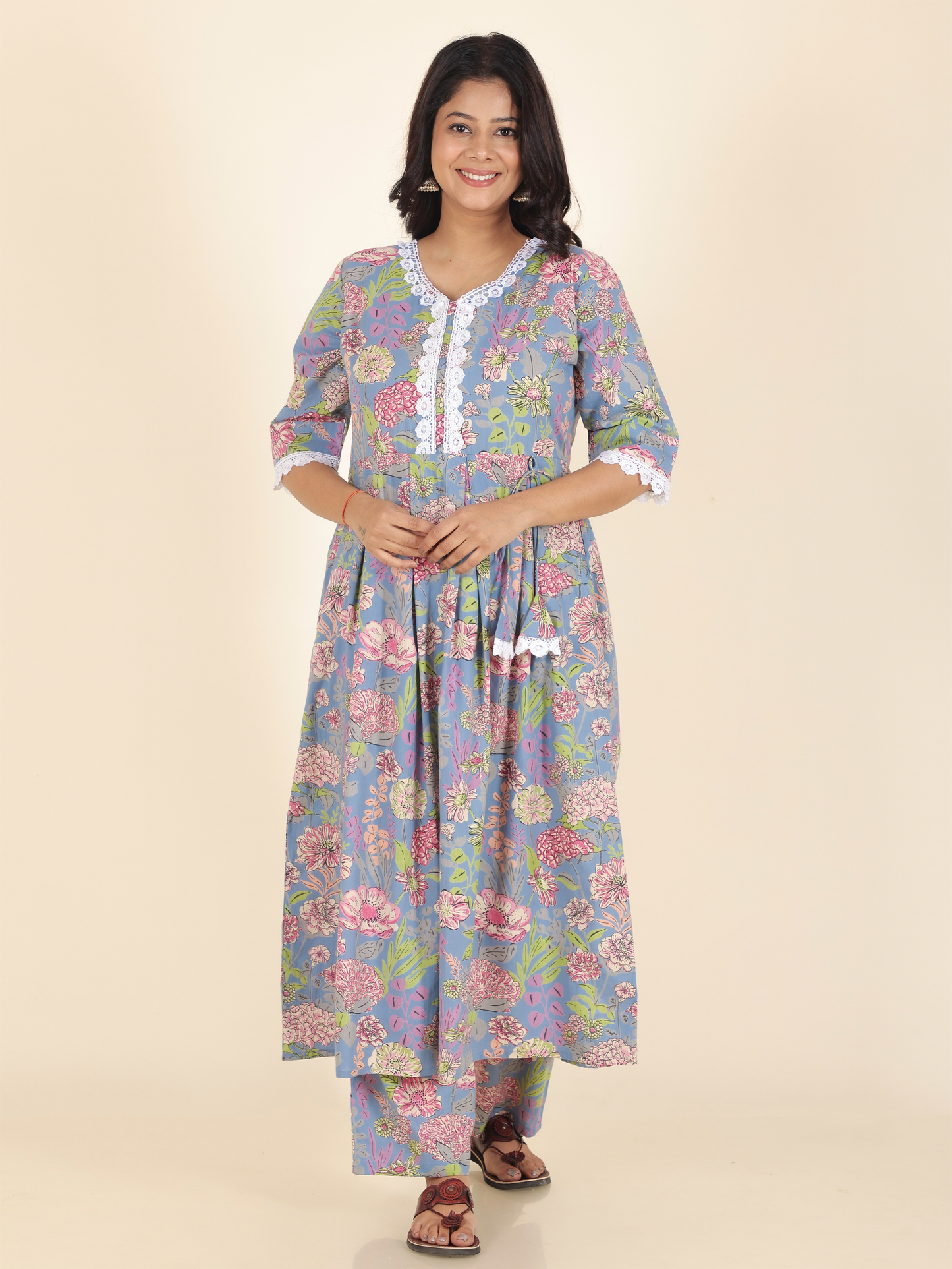 Soft Cotton Floral A-line Blue Kurta
