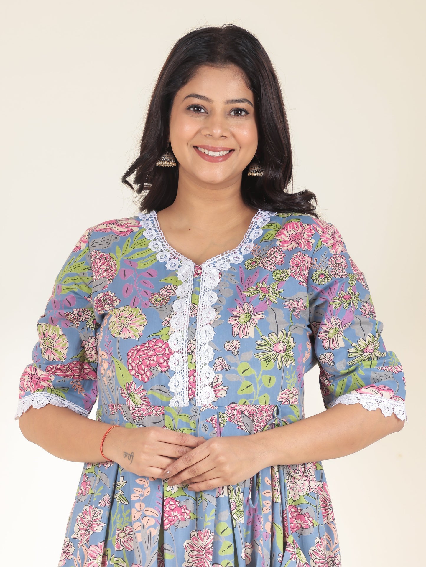 Soft Cotton Floral A-line Blue Kurta