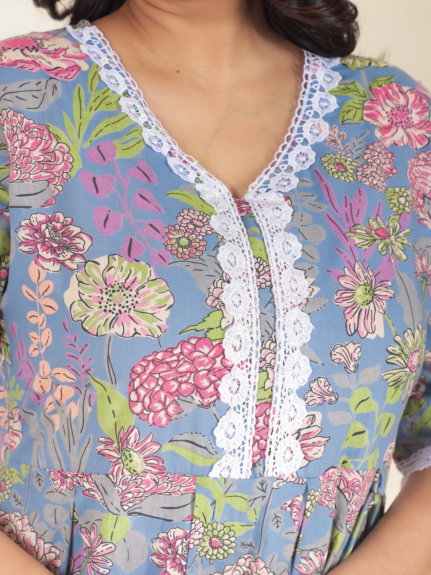 Soft Cotton Floral A-line Blue Kurta