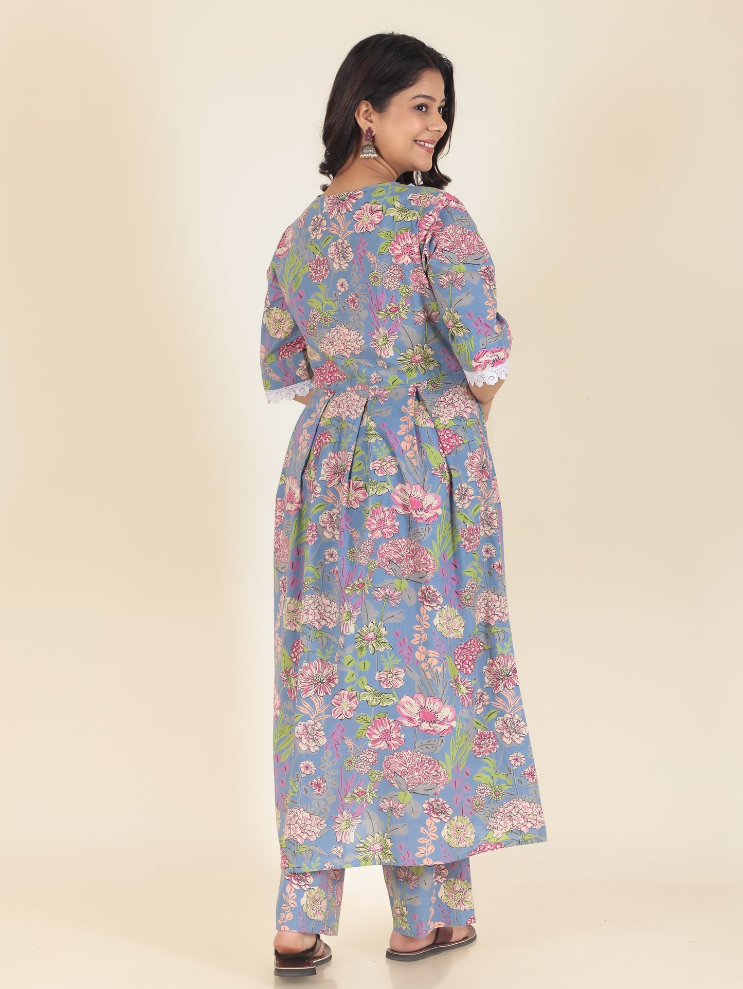 Soft Cotton Floral A-line Blue Kurta