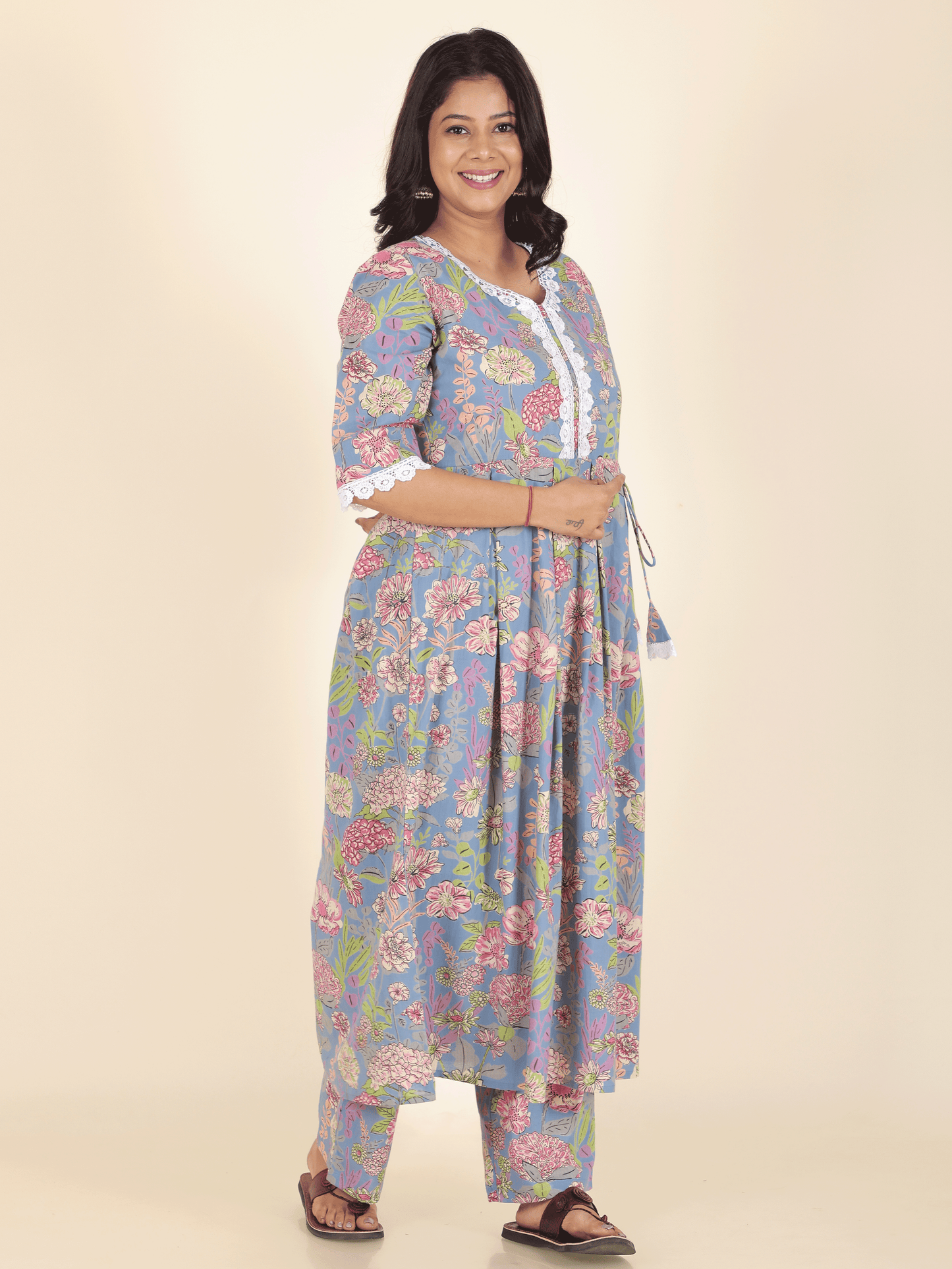 Soft Cotton Floral A-line Blue Kurta