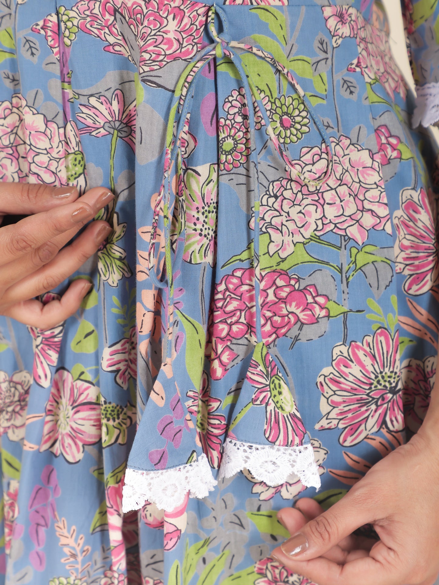 Soft Cotton Floral A-line Blue Kurta