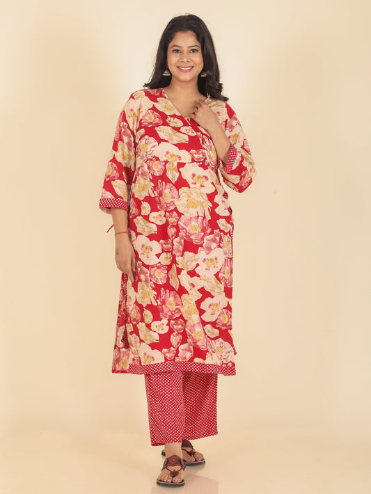 Soft Cotton Floral Angrakha Red Kurta