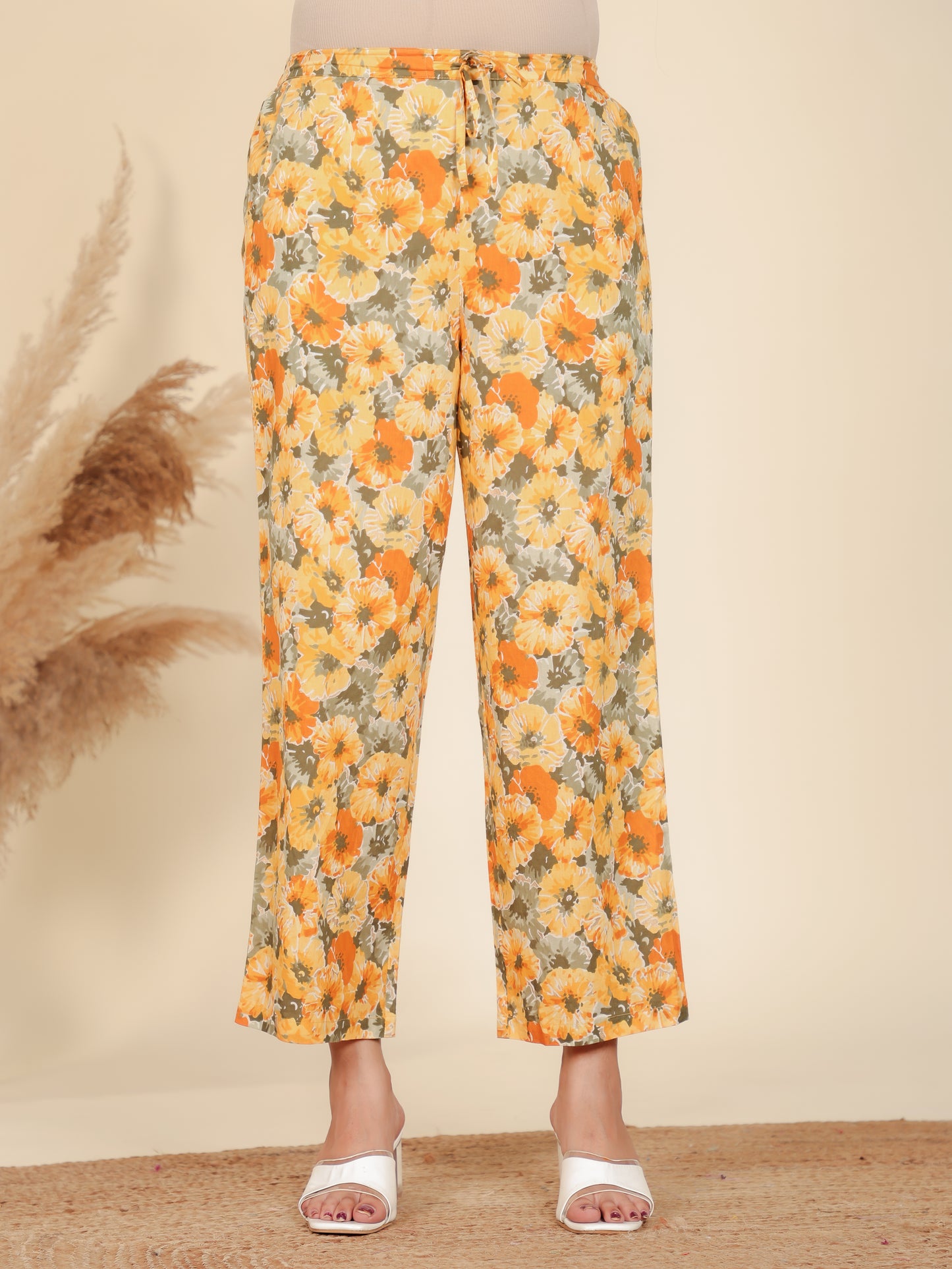 Soft Cotton Floral Yellow Straight Trousers