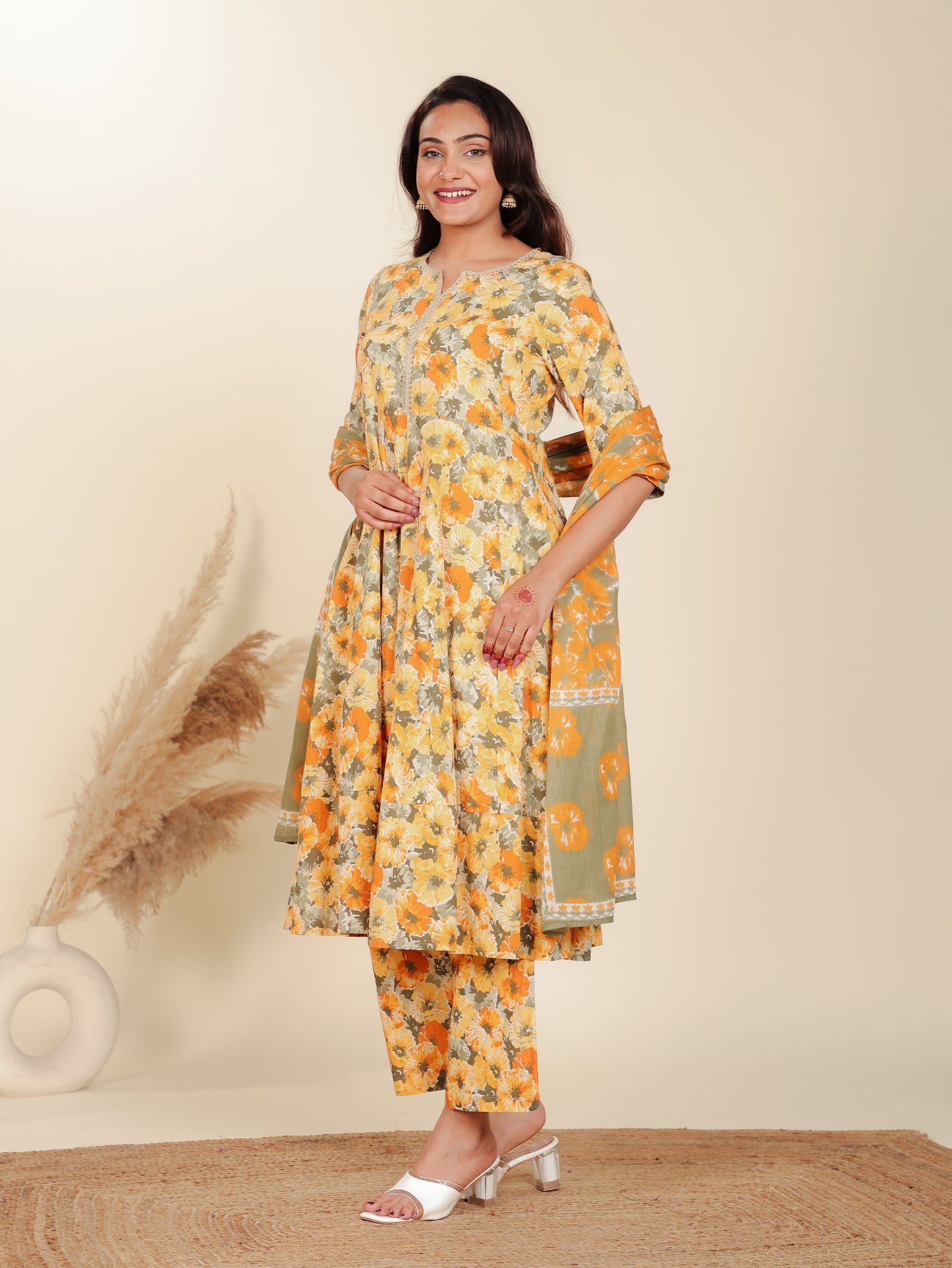 Soft Cotton Floral Anarkali Yellow Kurta
