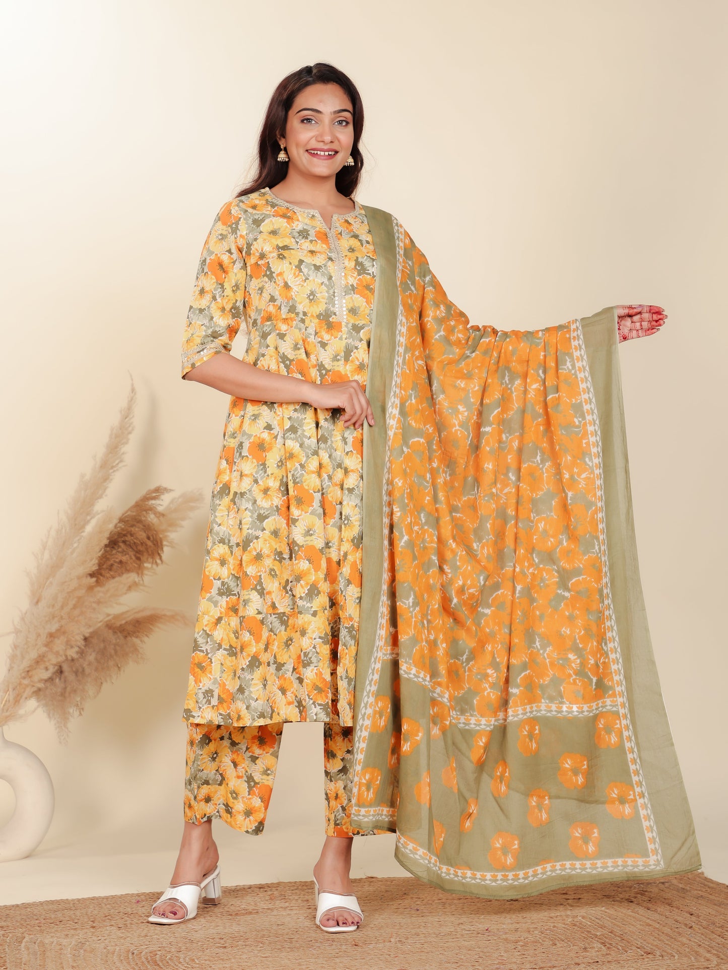 Soft Cotton Floral Anarkali Yellow Kurta