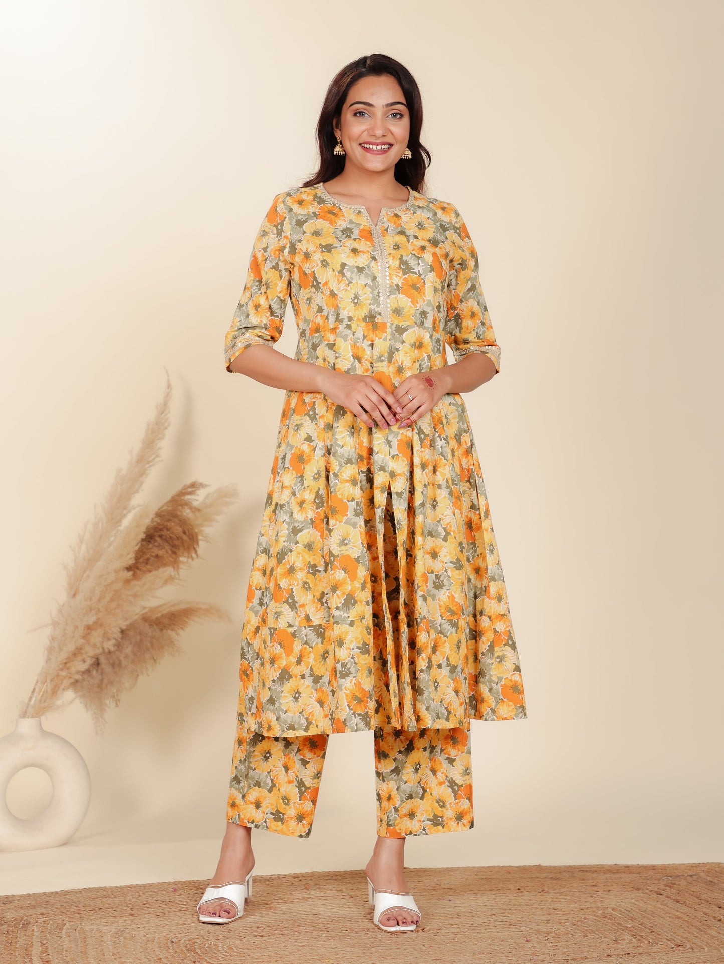 Soft Cotton Floral Anarkali Yellow Kurta