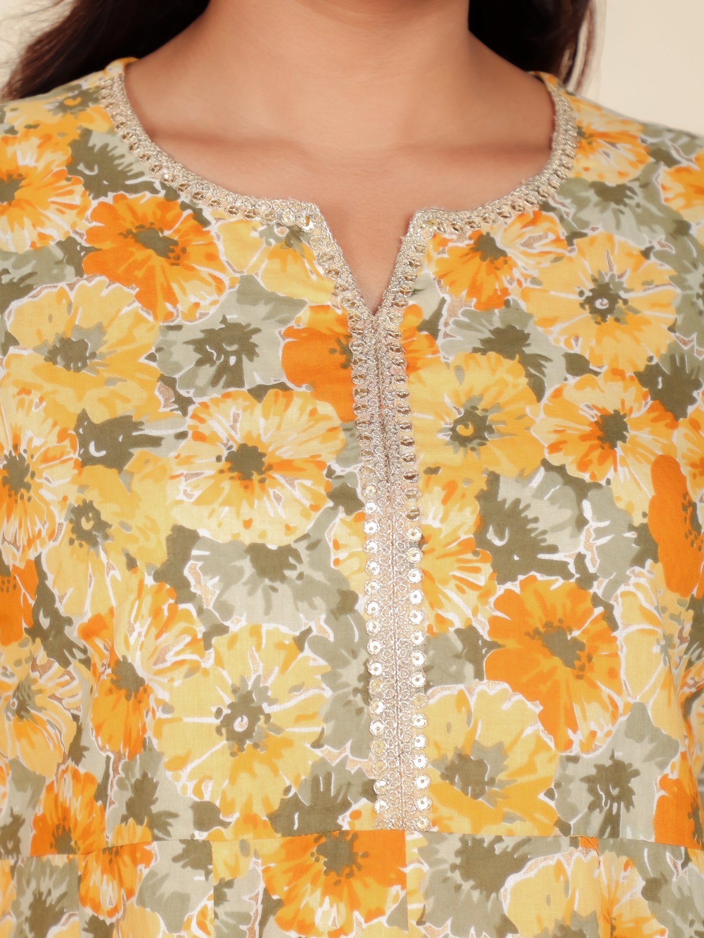 Soft Cotton Floral Anarkali Yellow Kurta