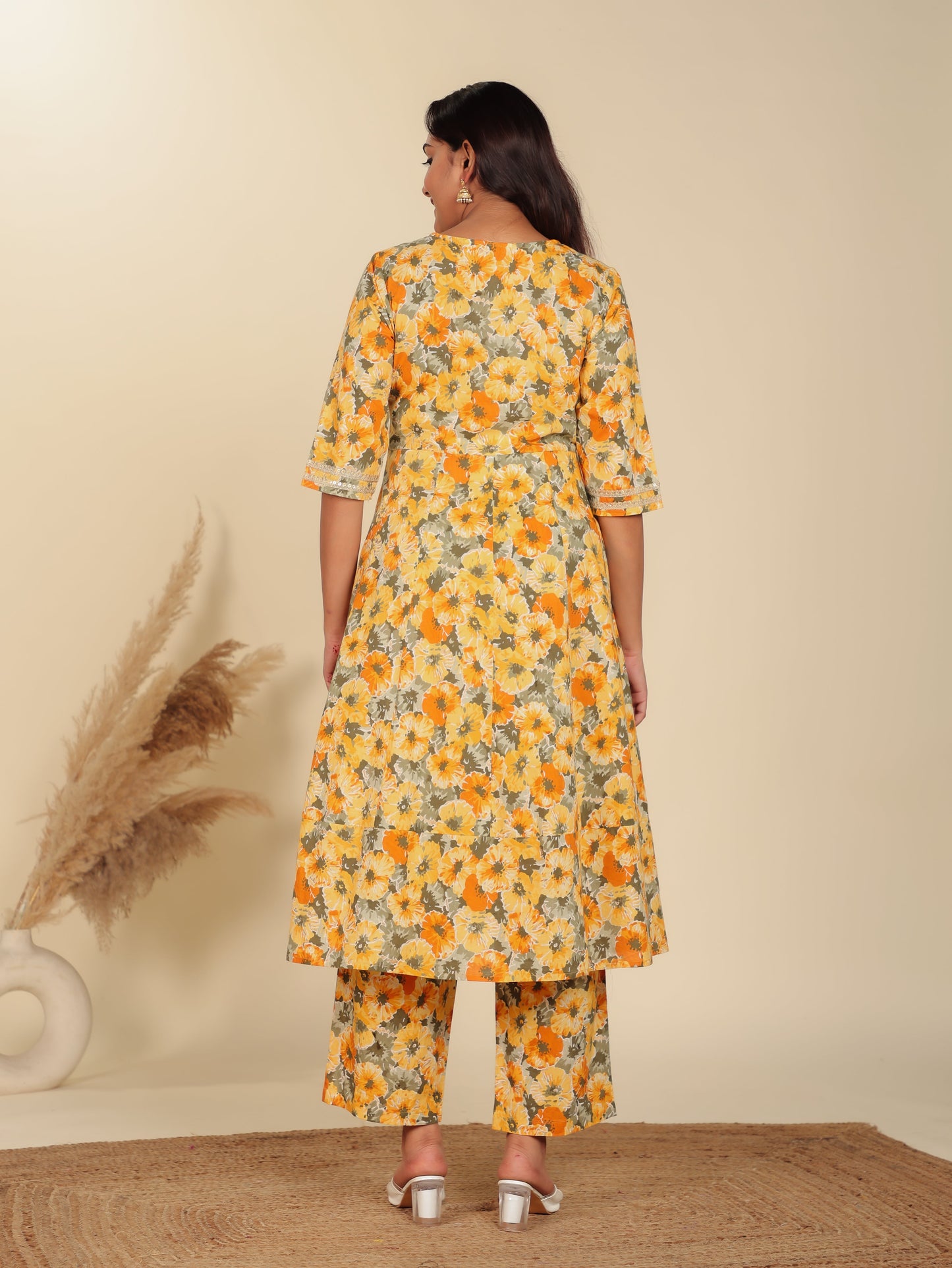 Soft Cotton Floral Anarkali Yellow Kurta