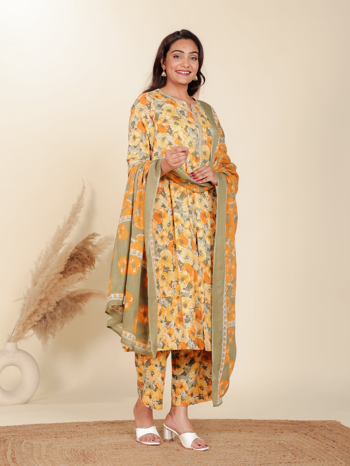 Soft Cotton Floral Anarkali Yellow Kurta