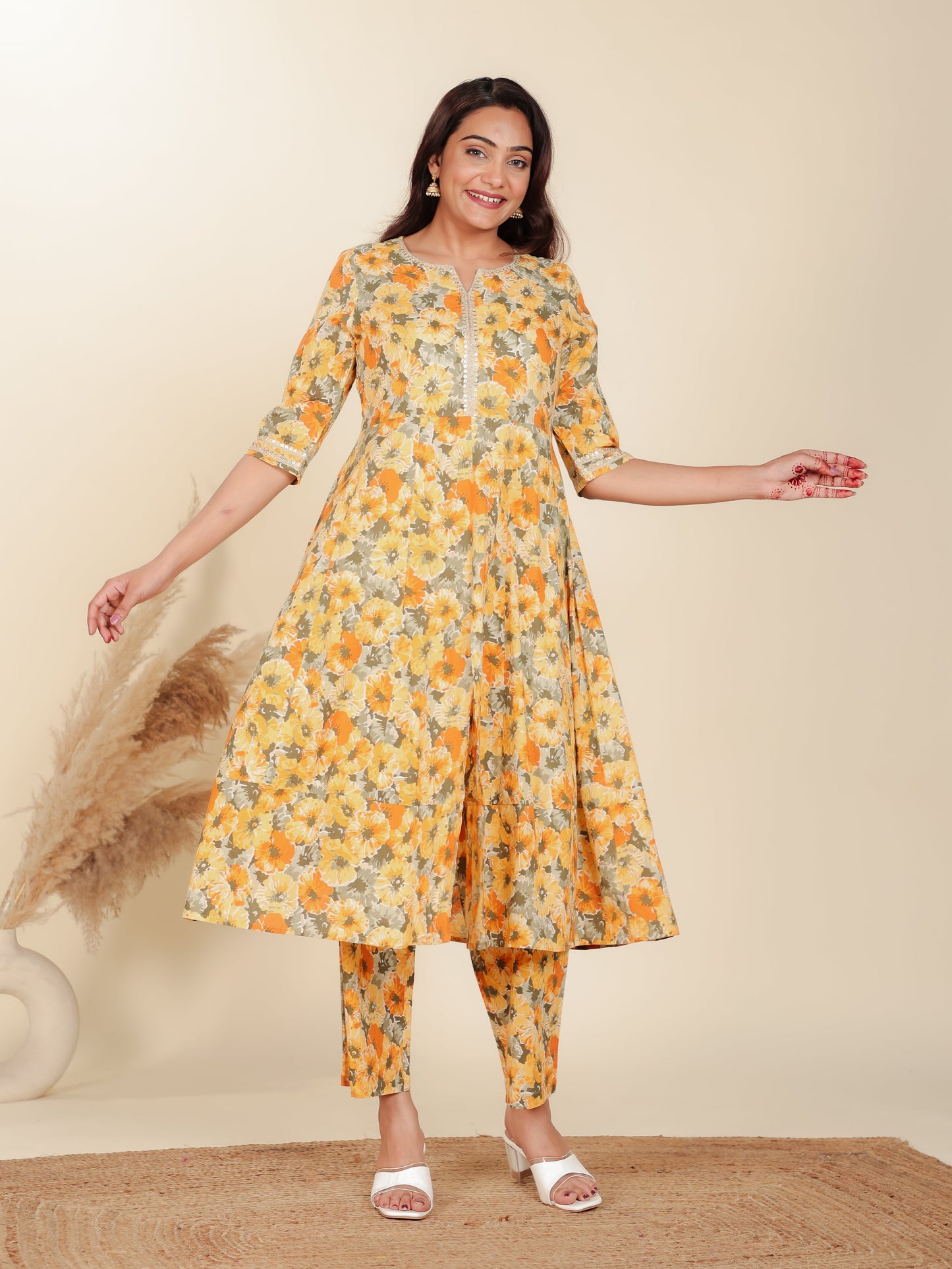 Soft Cotton Floral Anarkali Yellow Kurta