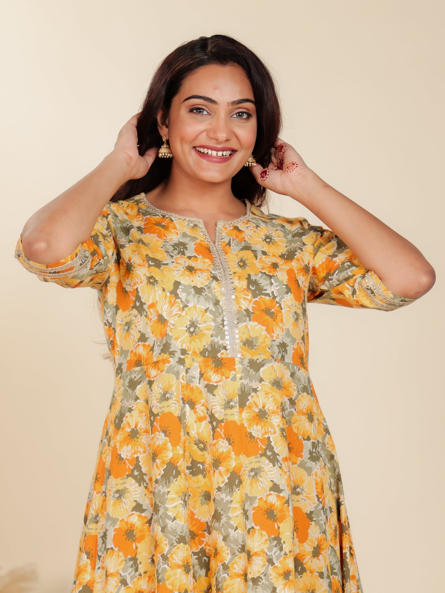 Soft Cotton Floral Anarkali Yellow Kurta