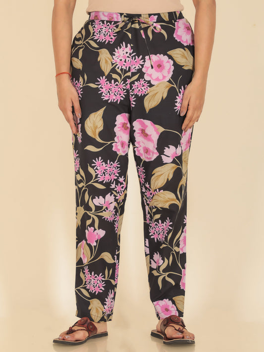 Soft Cotton Floral Black Tapered Trousers