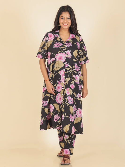 Soft Cotton Floral A-line Black Kurta