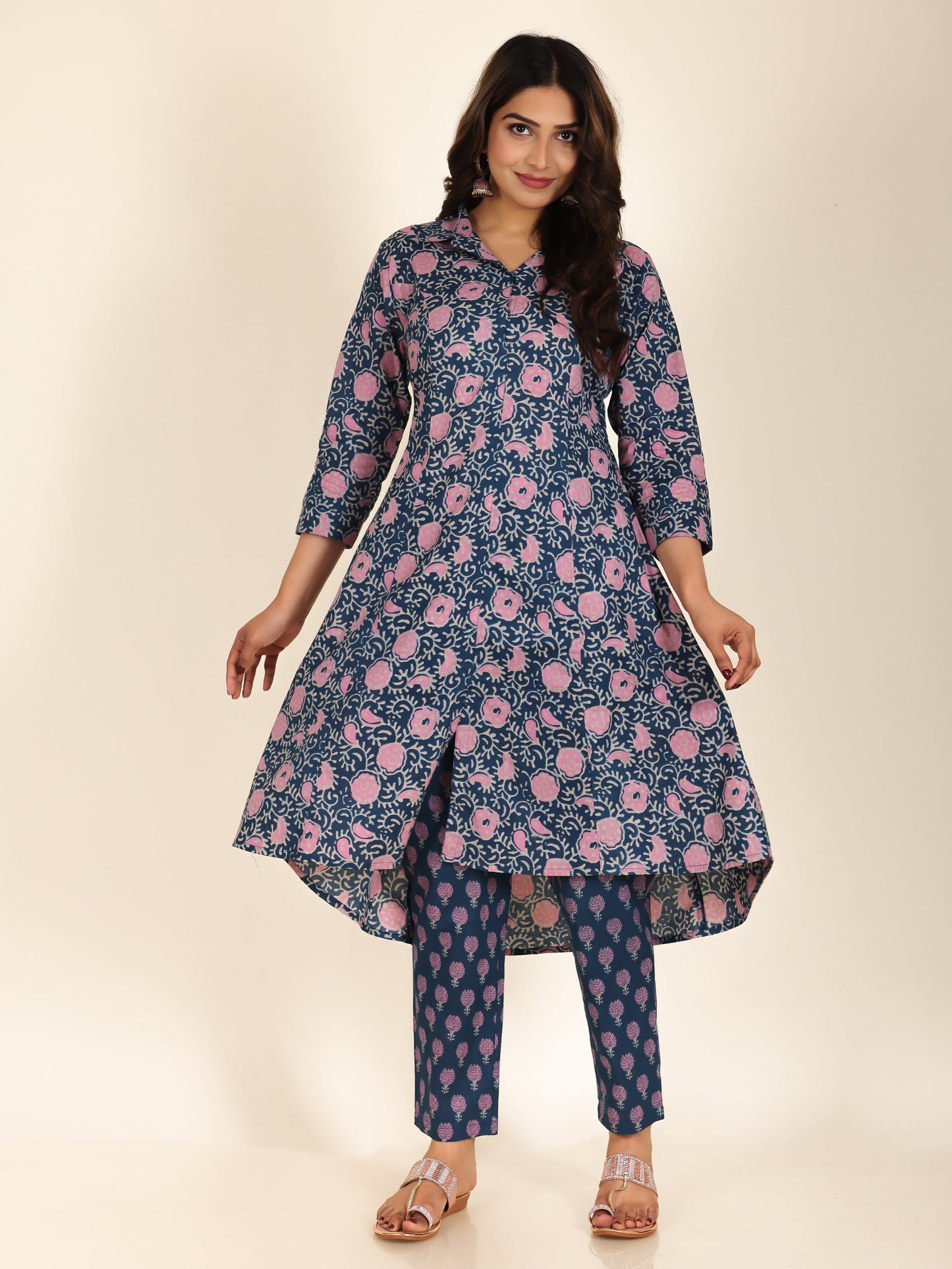 Soft Cotton Floral High Low Blue Kurta