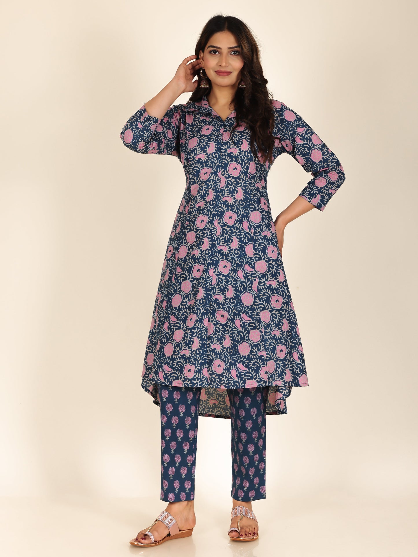 Soft Cotton Floral High Low Blue Kurta