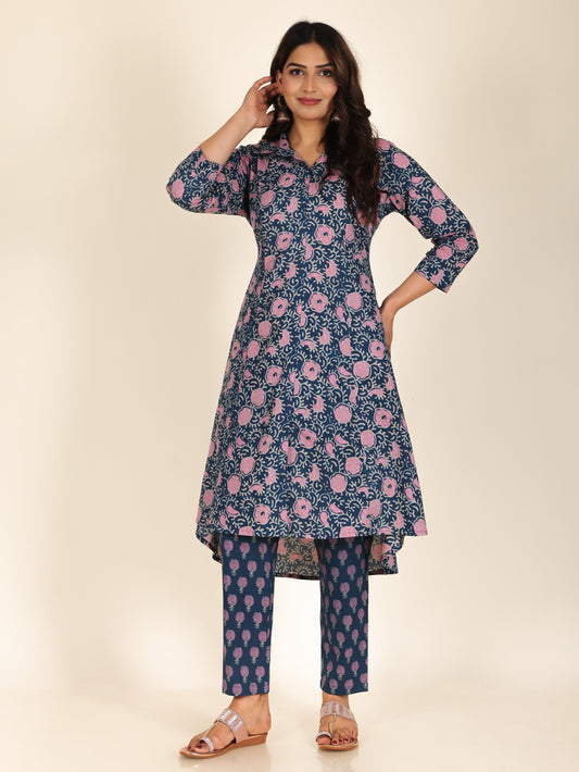 Soft Cotton Floral High Low Blue Kurta