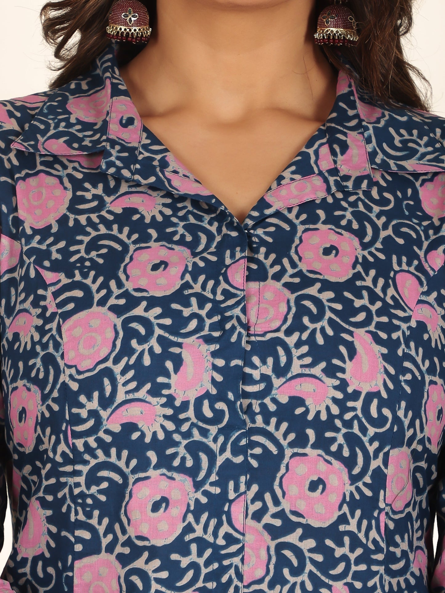 Soft Cotton Floral High Low Blue Kurta