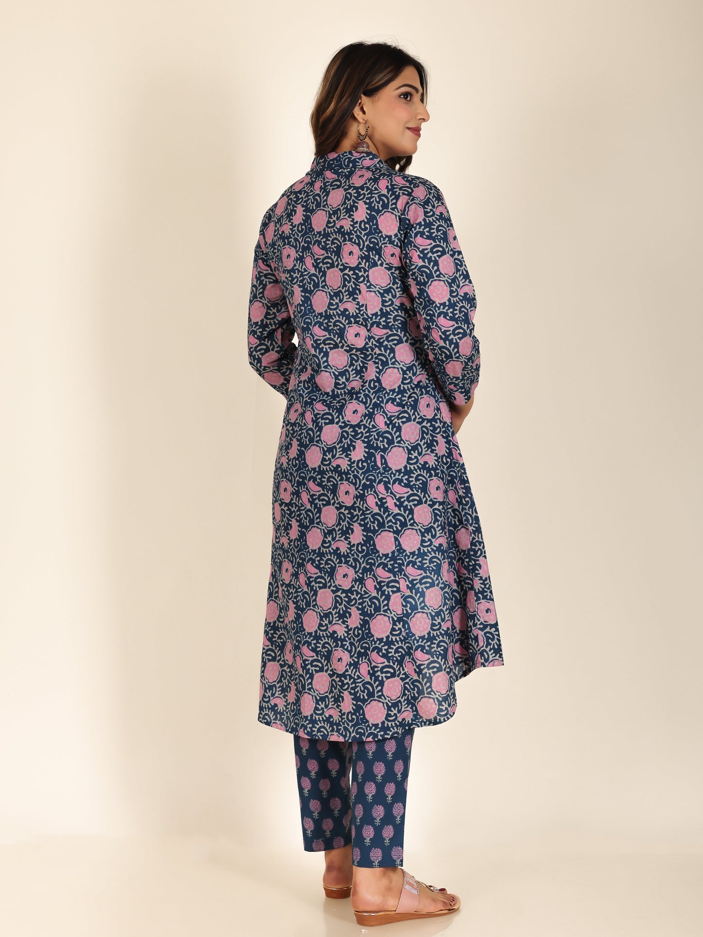 Soft Cotton Floral High Low Blue Kurta