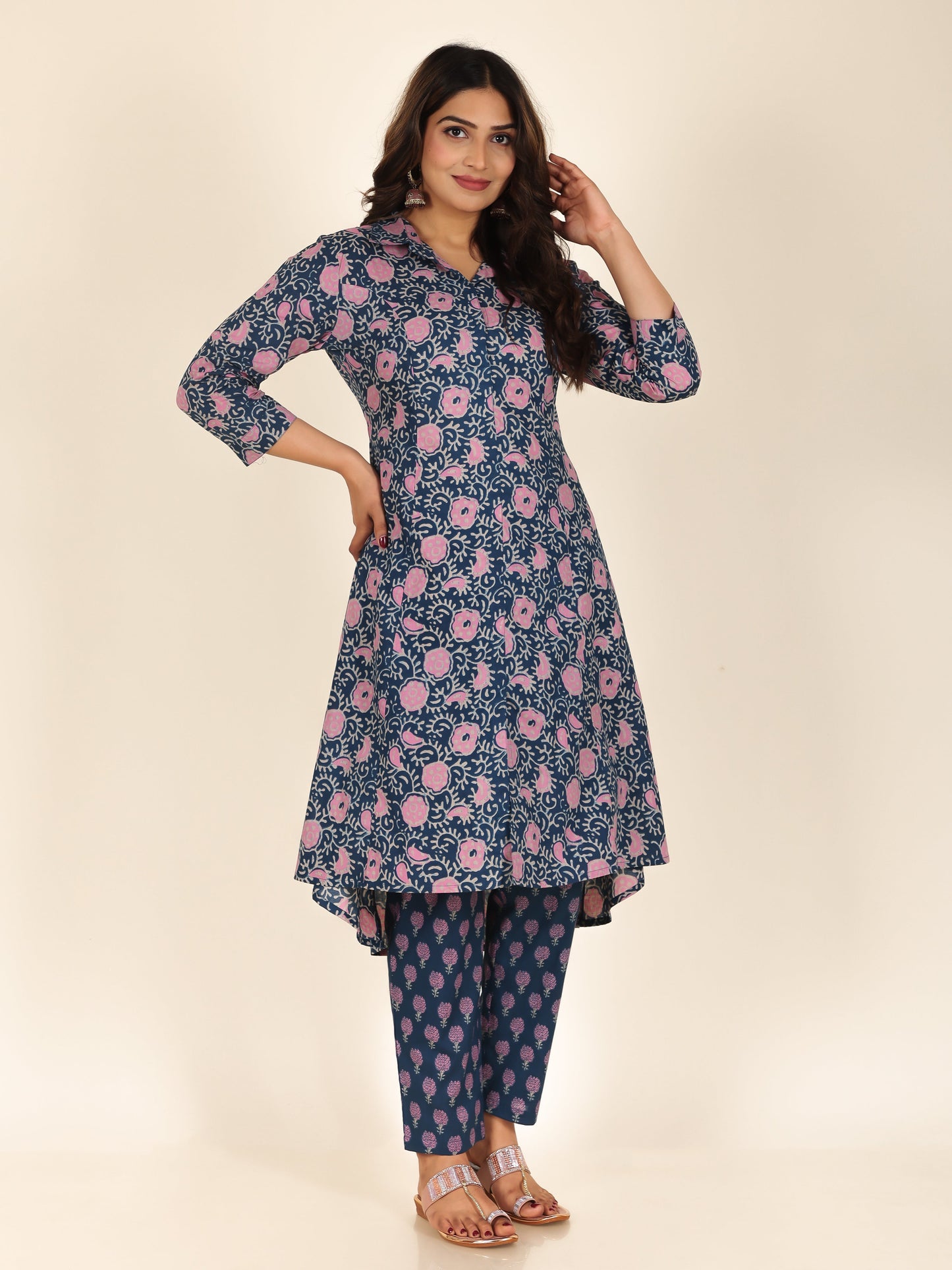 Soft Cotton Floral High Low Blue Kurta