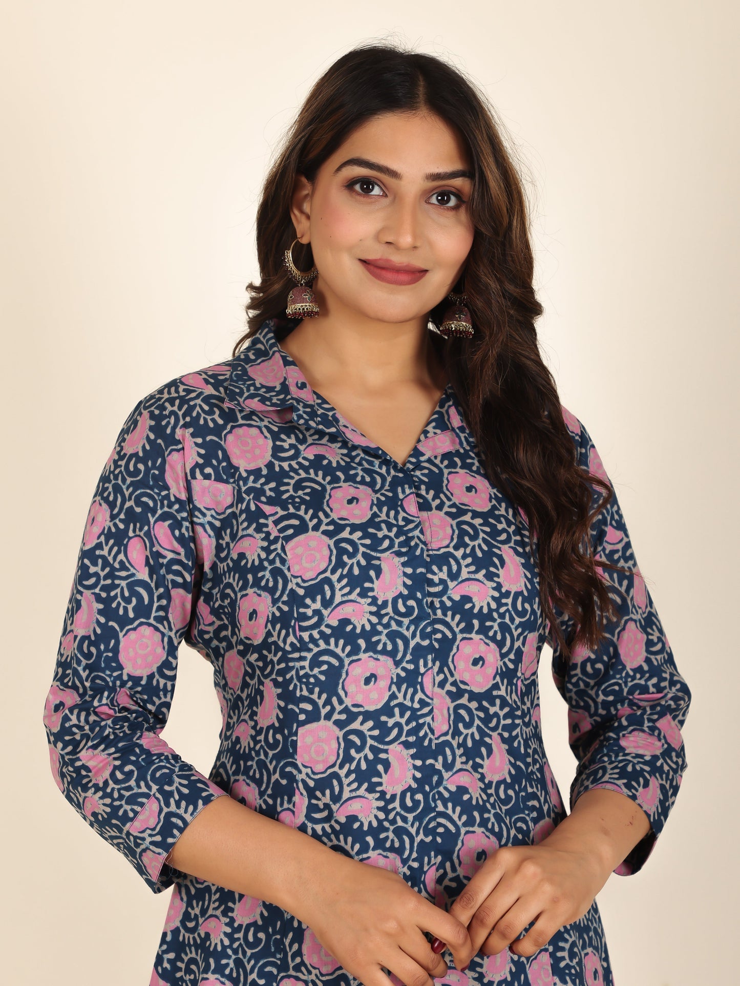 Soft Cotton Floral High Low Blue Kurta